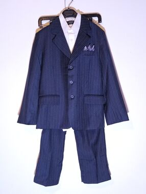 Rafael Boys 3-Piece Pinstripe Suit Set  Jacket, Vest & Shirt  Navy Formal Sz 10